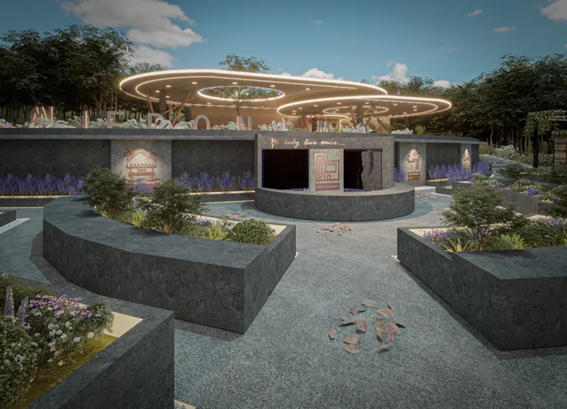 Render: vista aérea del proyecto. Proyecto turístico en La Vega, Decord Design