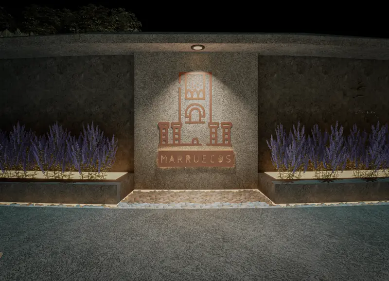 Render: muro de señalética iluminado. Proyecto turístico en La Vega, Decord Design
