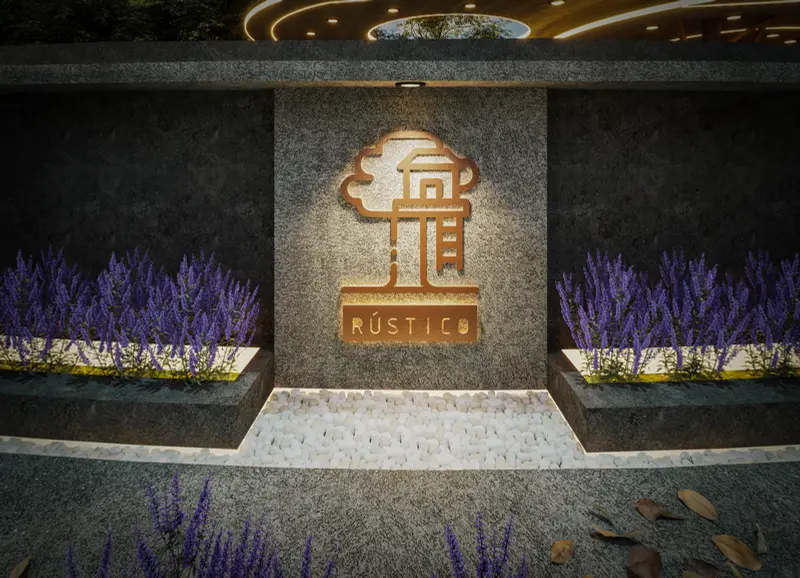 Render: muro de señalética iluminado. Proyecto turístico en La Vega, Decord Design