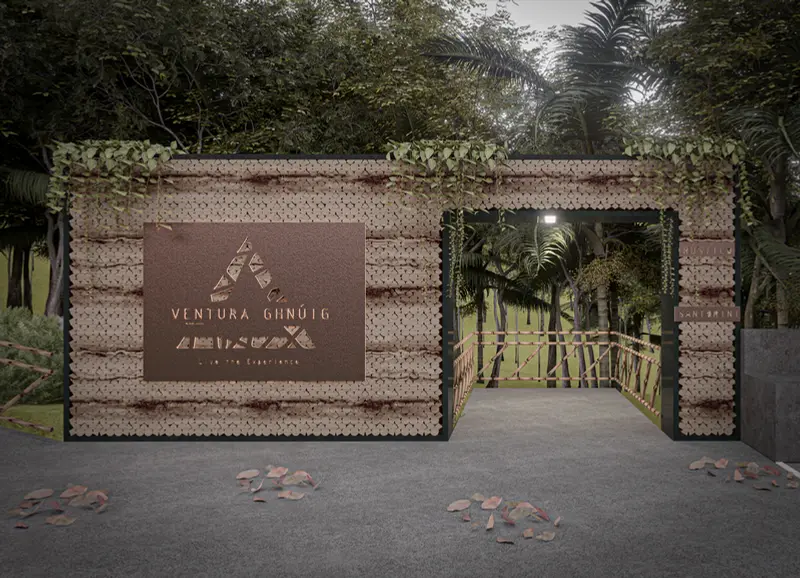 Render: acceso y recepción. Proyecto turístico en La Vega, Decord Design