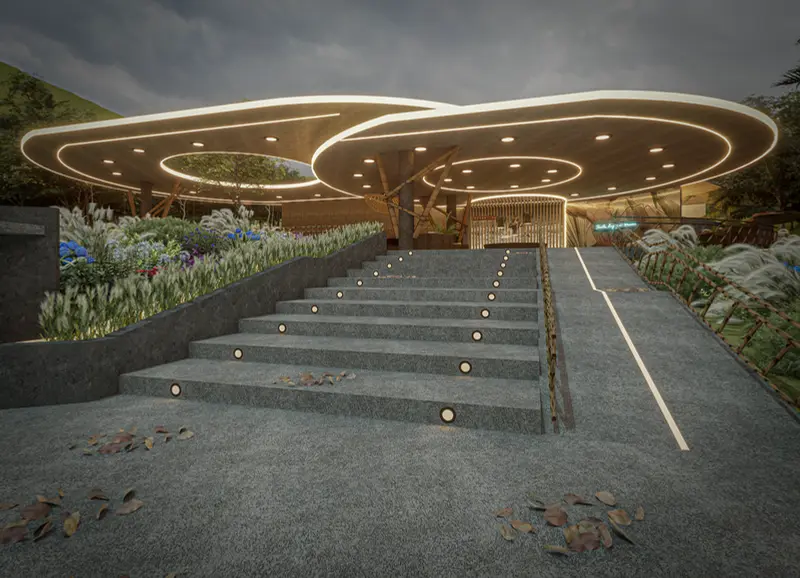 Render: acceso y recepción. Proyecto turístico en La Vega, Decord Design