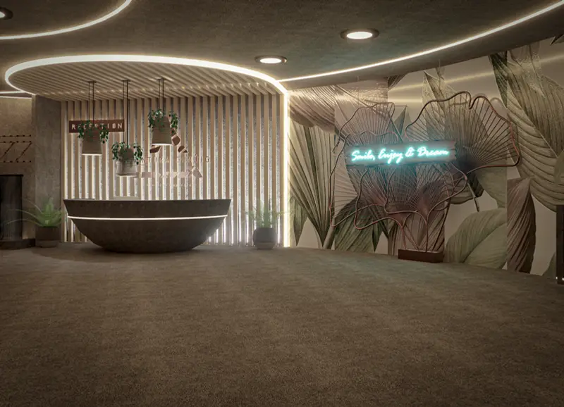 Render: acceso y recepción. Proyecto turístico en La Vega, Decord Design