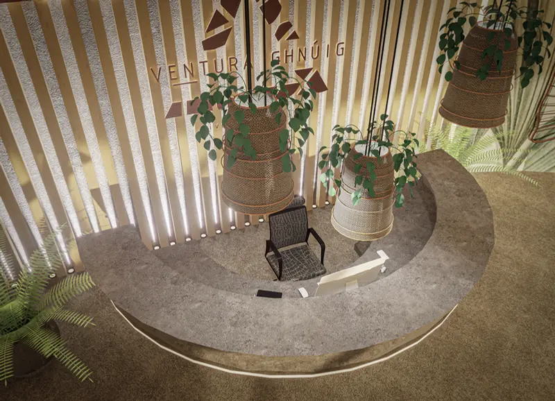 Render: recepción con mobiliario orgánico. Proyecto turístico en La Vega, Decord Design