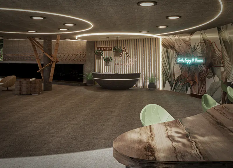 Render: recepción con mobiliario orgánico. Proyecto turístico en La Vega, Decord Design