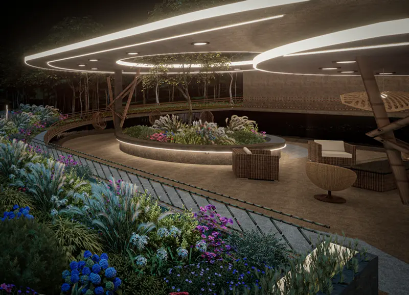 Render: senderos y paisajismo nocturno. Proyecto turístico en La Vega, Decord Design