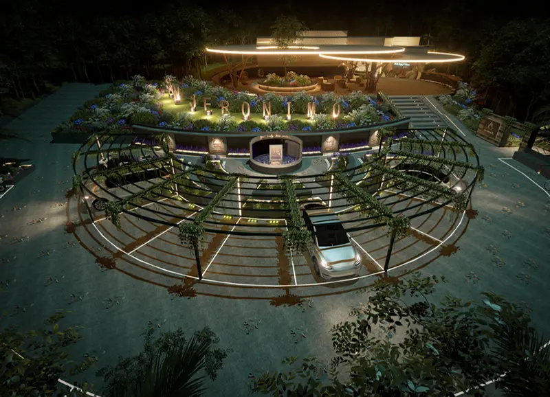 Render: senderos y paisajismo nocturno. Proyecto turístico en La Vega, Decord Design