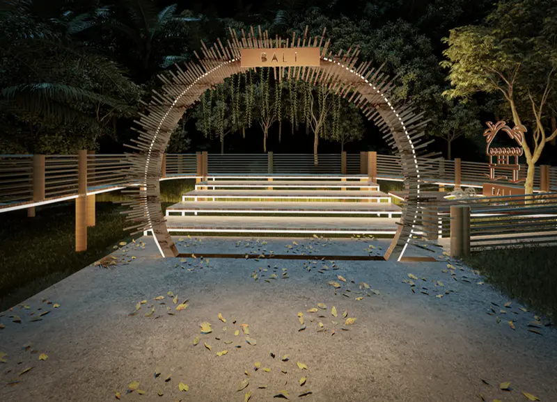Render: decks de madera y zona social. Proyecto turístico en La Vega, Decord Design