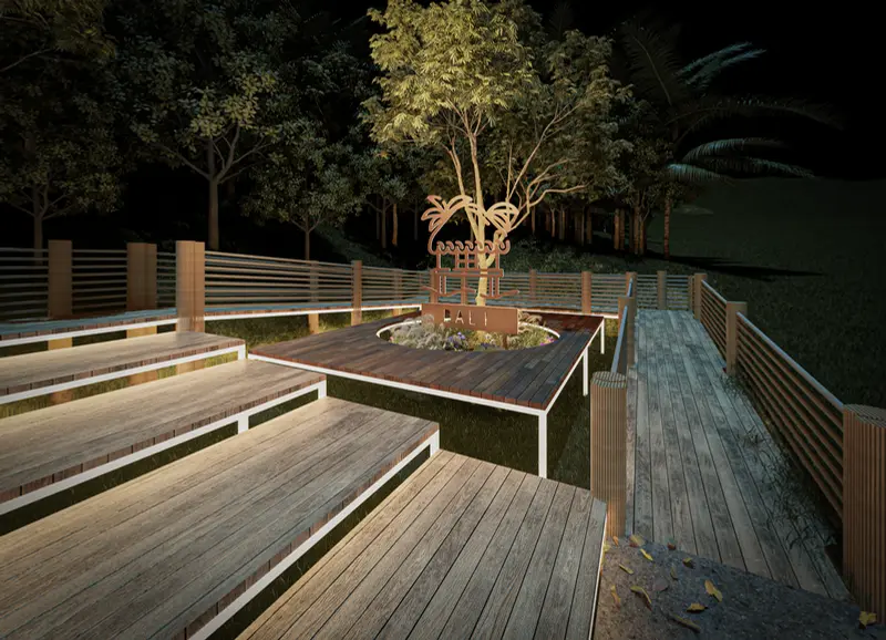 Render: decks de madera y zona social. Proyecto turístico en La Vega, Decord Design