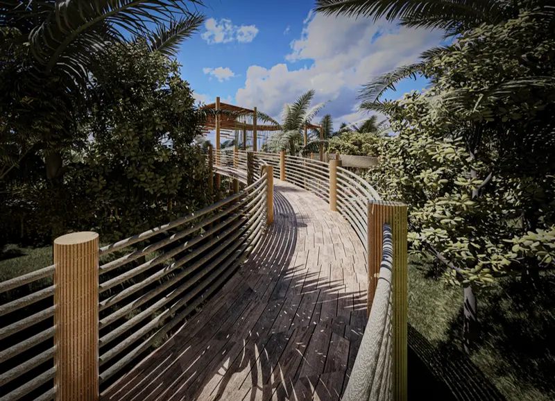 Render: decks de madera y zona social. Proyecto turístico en La Vega, Decord Design