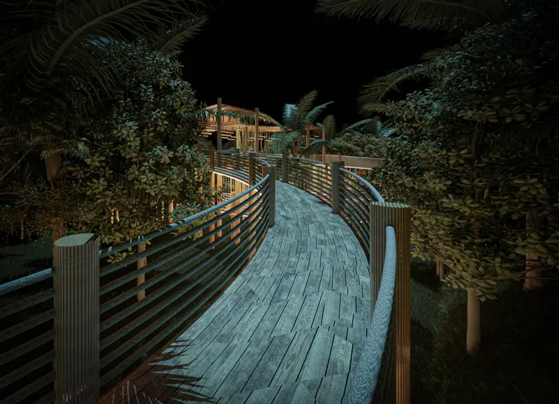 Render: decks de madera y zona social. Proyecto turístico en La Vega, Decord Design