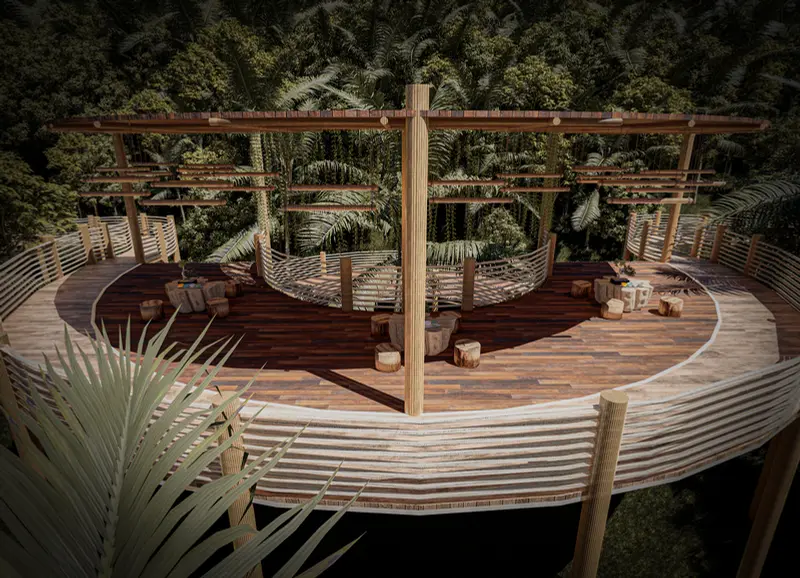 Render: decks de madera y zona social. Proyecto turístico en La Vega, Decord Design