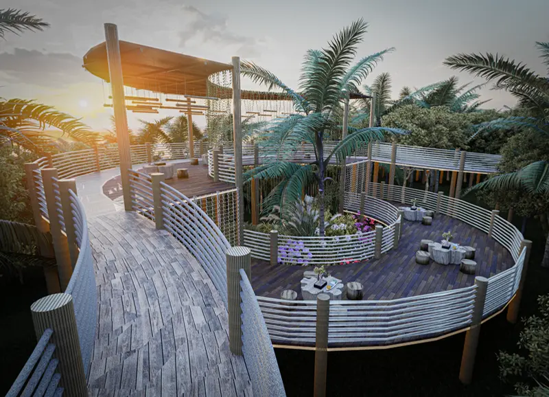 Render: decks de madera y zona social. Proyecto turístico en La Vega, Decord Design