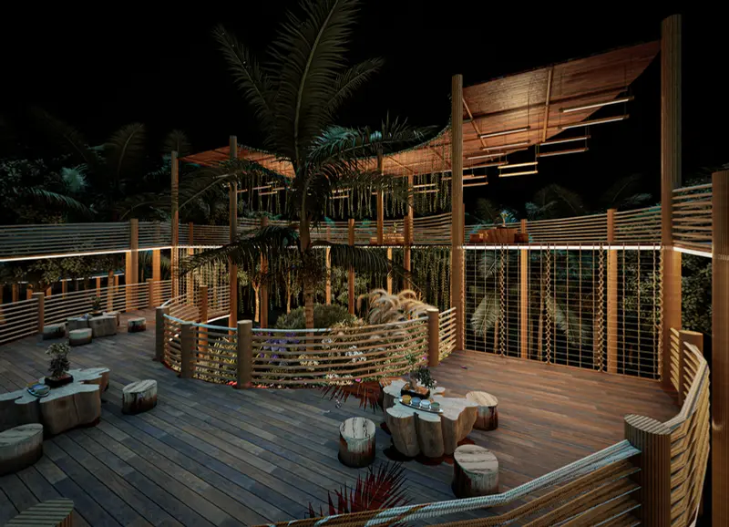 Render: decks de madera y zona social. Proyecto turístico en La Vega, Decord Design