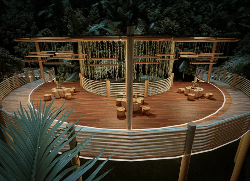 Render: decks de madera y zona social. Proyecto turístico en La Vega, Decord Design