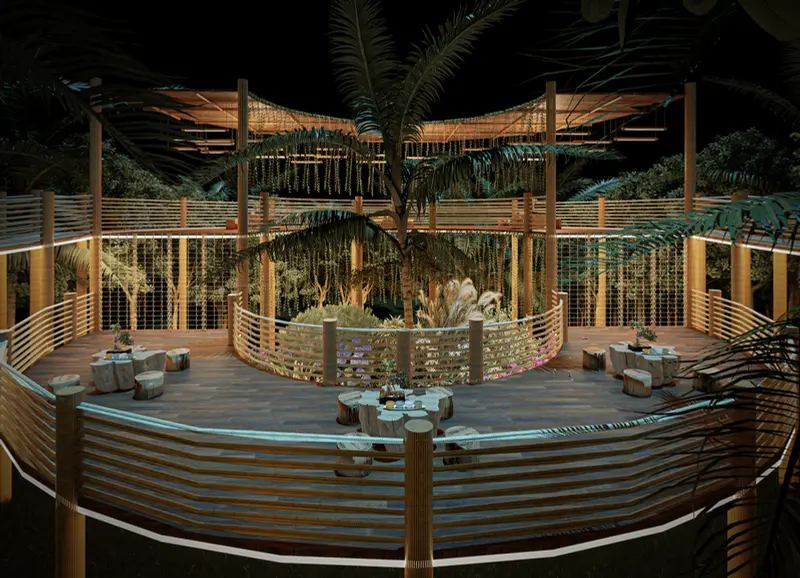 Render: decks de madera y zona social. Proyecto turístico en La Vega, Decord Design
