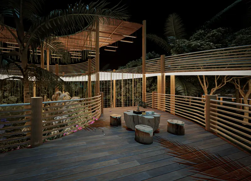Render: decks de madera y zona social. Proyecto turístico en La Vega, Decord Design