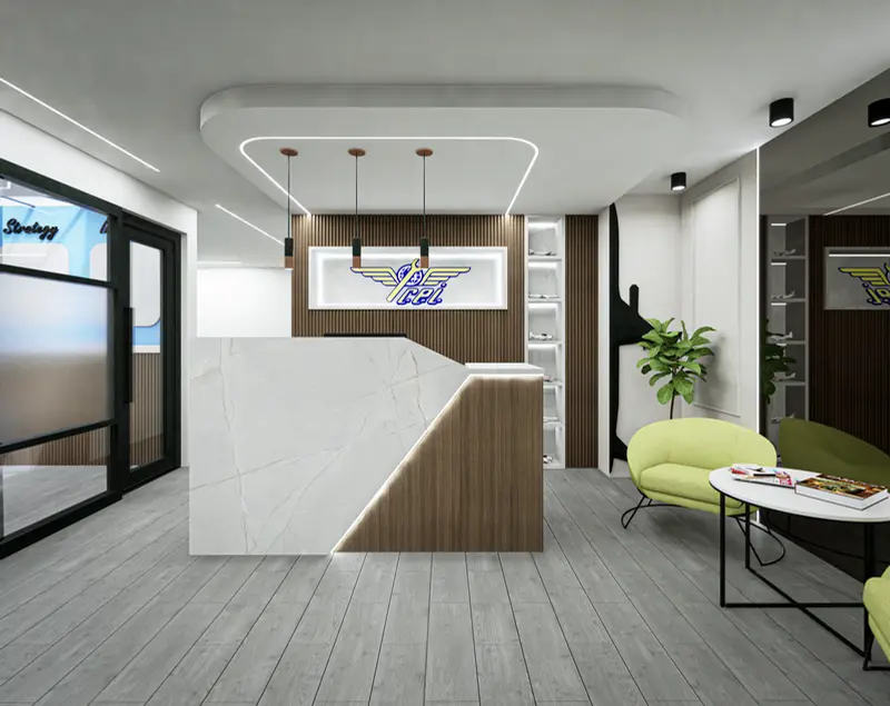 Render: recepción. Sede educativa de aviación en Bogotá, Decord Design