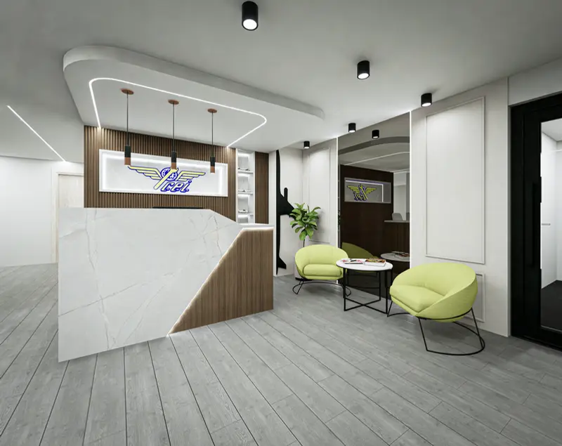 Render: recepción. Sede educativa de aviación en Bogotá, Decord Design