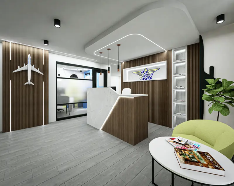 Render: recepción. Sede educativa de aviación en Bogotá, Decord Design