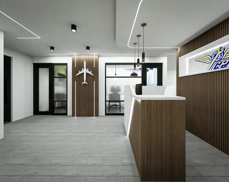 Render: recepción. Sede educativa de aviación en Bogotá, Decord Design
