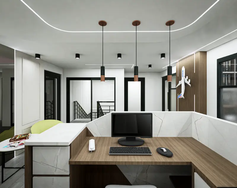 Render: recepción. Sede educativa de aviación en Bogotá, Decord Design