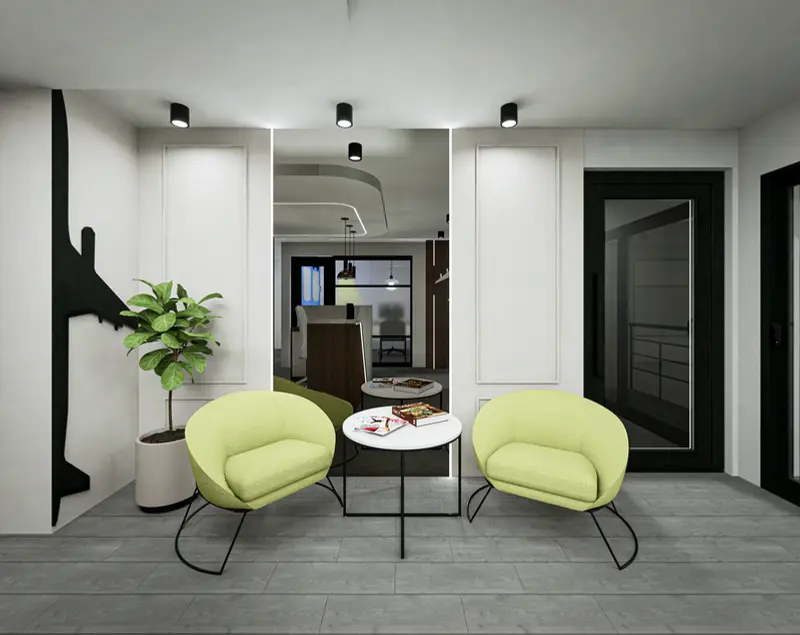 Render: recepción. Sede educativa de aviación en Bogotá, Decord Design