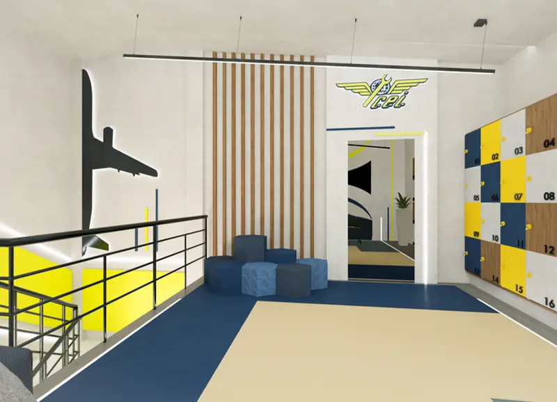 Render: hall con gráfica de aviación. Sede educativa de aviación en Bogotá, Decord Design