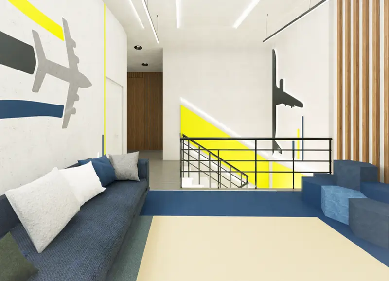 Render: hall con gráfica de aviación. Sede educativa de aviación en Bogotá, Decord Design