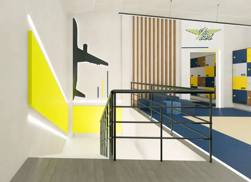 Render: hall con gráfica de aviación. Sede educativa de aviación en Bogotá, Decord Design