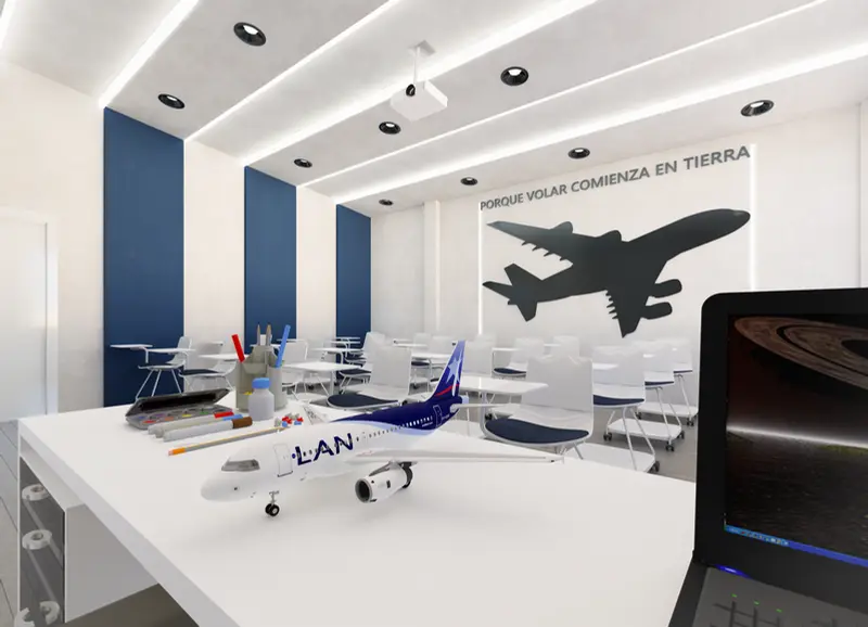 Render: aula de clase. Sede educativa de aviación en Bogotá, Decord Design