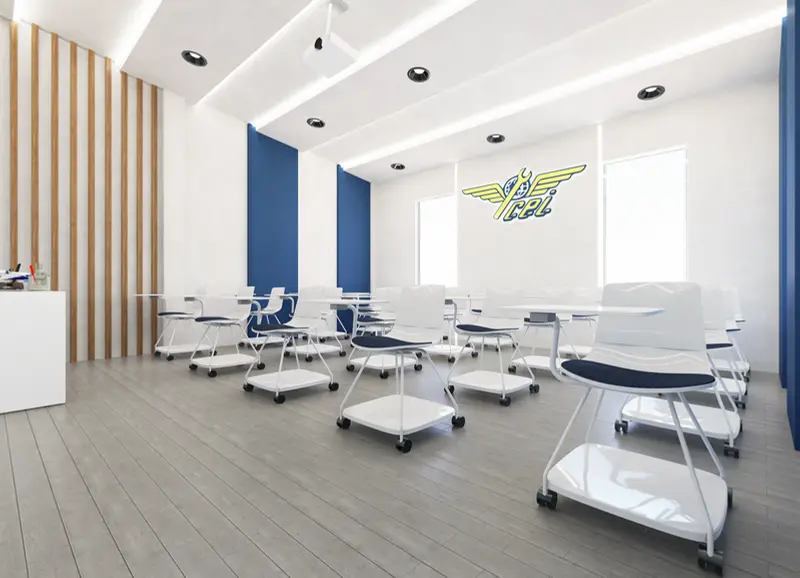 Render: aula de clase. Sede educativa de aviación en Bogotá, Decord Design