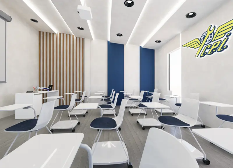 Render: aula de clase. Sede educativa de aviación en Bogotá, Decord Design