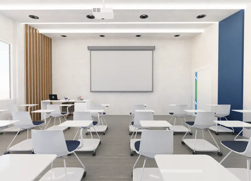 Render: aula de clase. Sede educativa de aviación en Bogotá, Decord Design