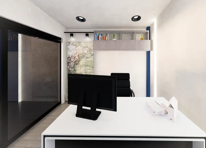 Render: oficinas y cafetería. Sede educativa de aviación en Bogotá, Decord Design