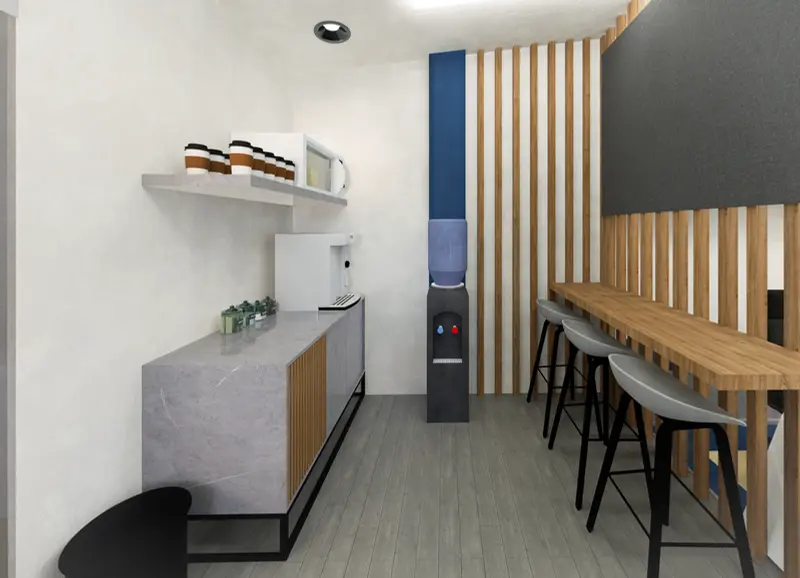 Render: oficinas y cafetería. Sede educativa de aviación en Bogotá, Decord Design
