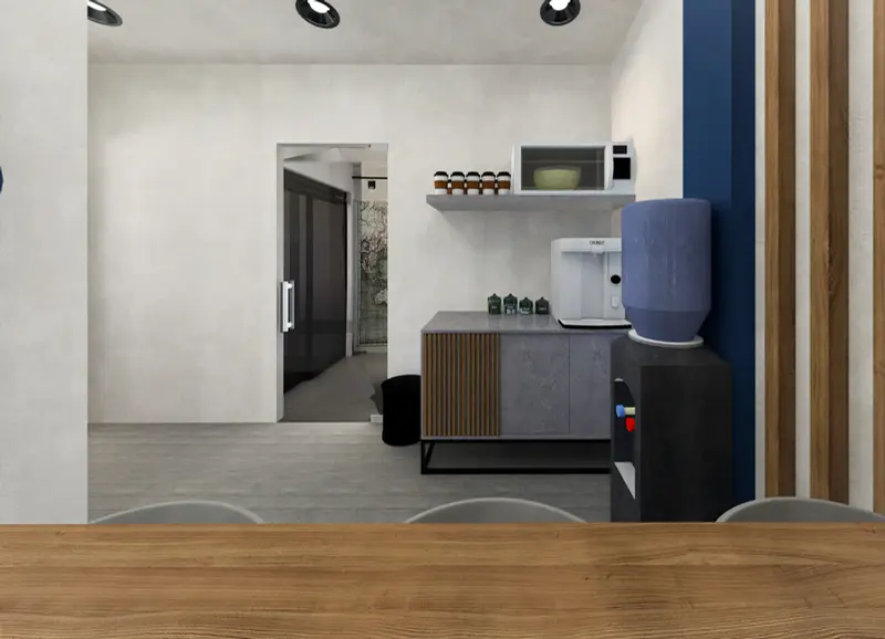 Render: oficinas y cafetería. Sede educativa de aviación en Bogotá, Decord Design