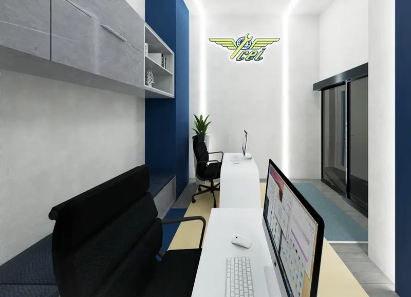 Render: oficinas y cafetería. Sede educativa de aviación en Bogotá, Decord Design
