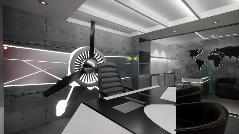 Render: oficina gerencial temática de aviación. Sede educativa de aviación en Bogotá, Decord Design