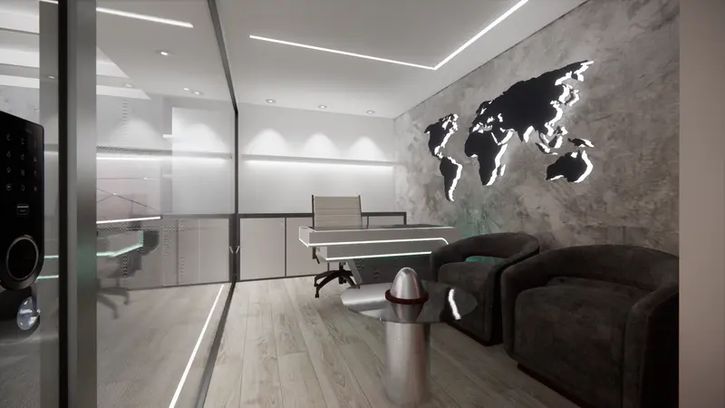 Render: oficina gerencial temática de aviación. Sede educativa de aviación en Bogotá, Decord Design