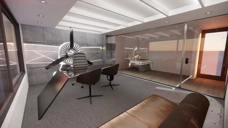 Render: oficina gerencial temática de aviación. Sede educativa de aviación en Bogotá, Decord Design