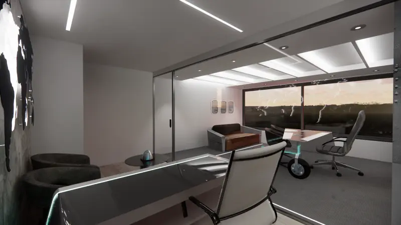 Render: oficina gerencial temática de aviación. Sede educativa de aviación en Bogotá, Decord Design