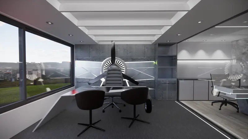 Render: oficina gerencial temática de aviación. Sede educativa de aviación en Bogotá, Decord Design