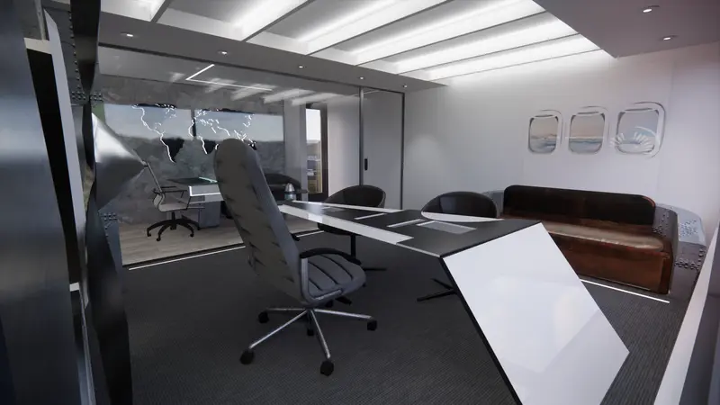 Render: oficina gerencial temática de aviación. Sede educativa de aviación en Bogotá, Decord Design