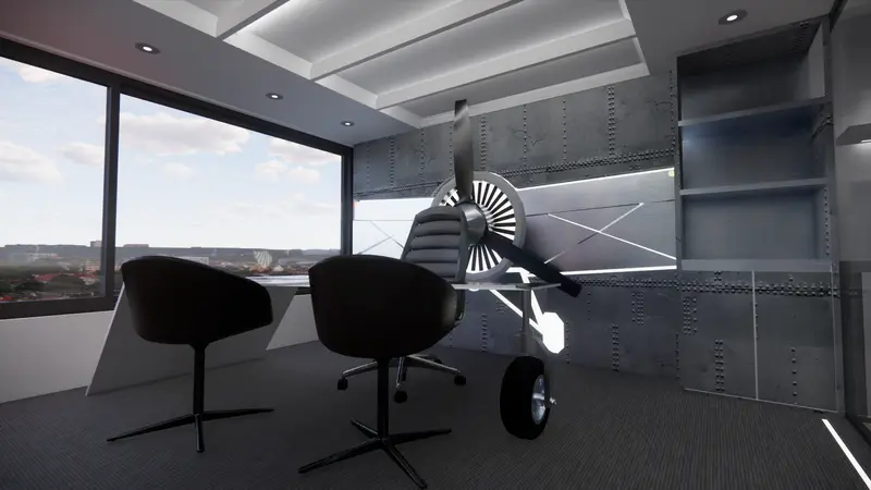 Render: oficina gerencial temática de aviación. Sede educativa de aviación en Bogotá, Decord Design