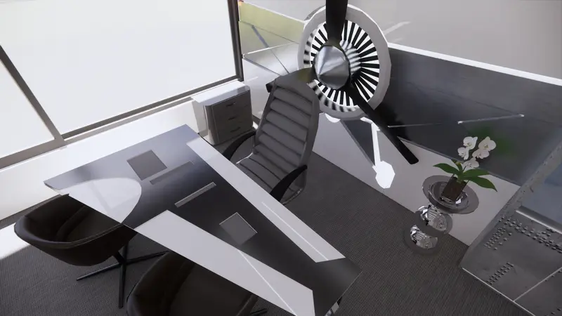 Render: oficina gerencial temática de aviación. Sede educativa de aviación en Bogotá, Decord Design