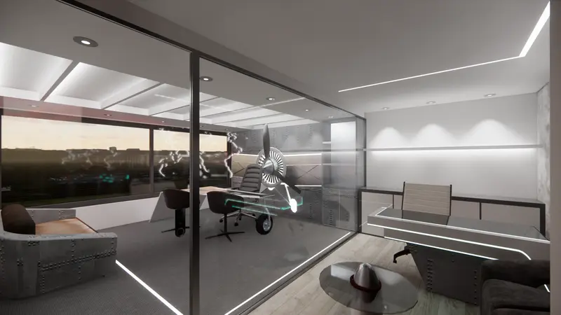 Render: oficina gerencial temática de aviación. Sede educativa de aviación en Bogotá, Decord Design