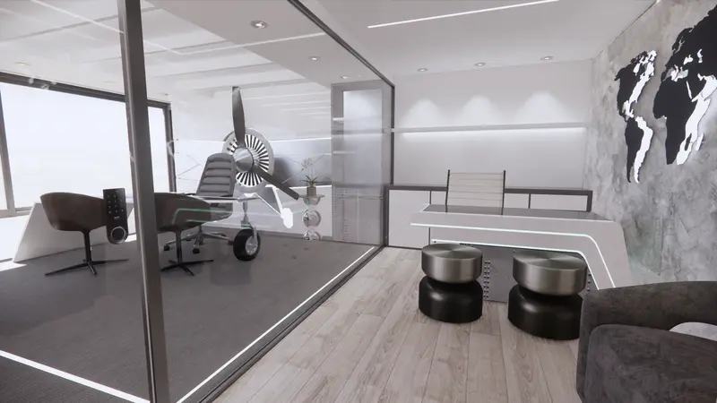 Render: oficina gerencial temática de aviación. Sede educativa de aviación en Bogotá, Decord Design