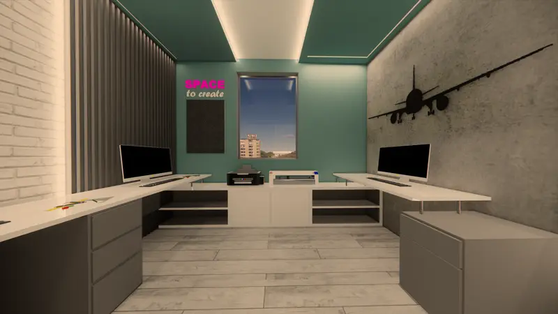Render: oficina con muro verde y gráfica de avión. Sede educativa de aviación en Bogotá, Decord Design