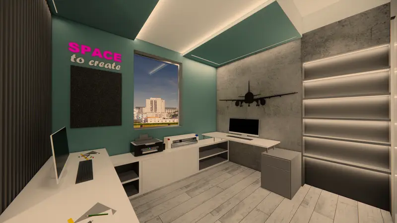 Render: oficina con muro verde y gráfica de avión. Sede educativa de aviación en Bogotá, Decord Design