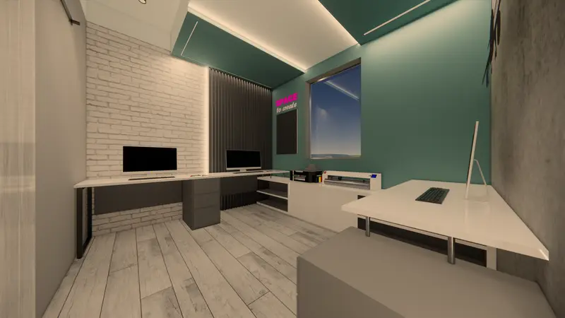 Render: oficina con muro verde y gráfica de avión. Sede educativa de aviación en Bogotá, Decord Design